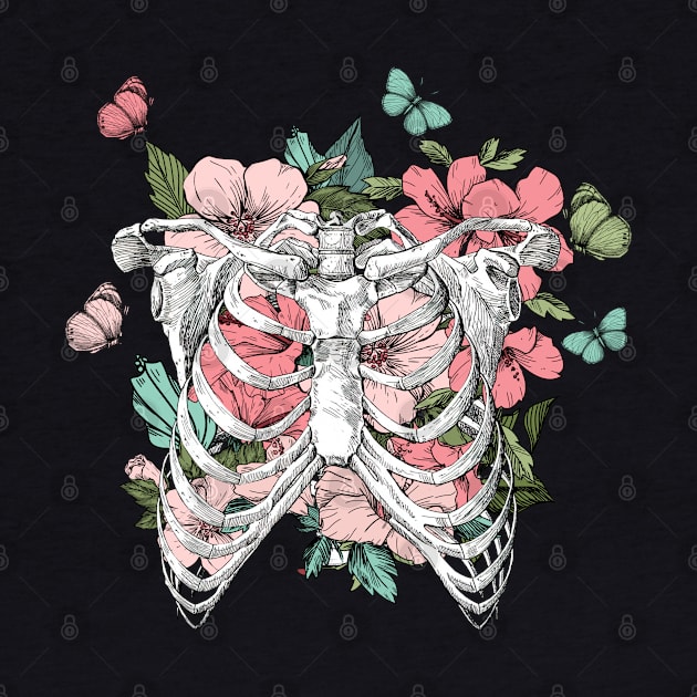 Blooming flowers human ribcage with butterflies by Dr.Bear